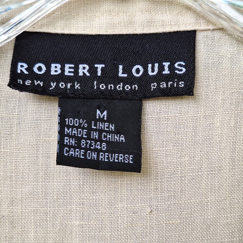 Robert Louis 100% Linen Crochet Trim Mother of Pearl buttons Blouse Shirt Tan M - Picture 2 of 10